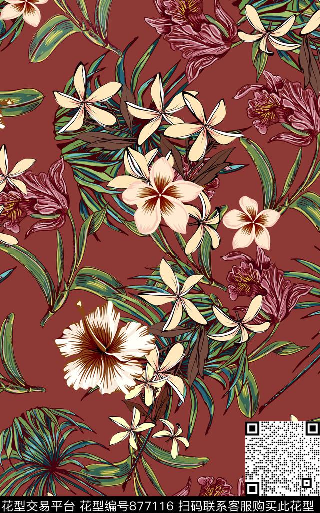 棕榈树花卉热带叶子数码印花华亿平台下载（图片编号: 877116） - 瓦栏（Walan）