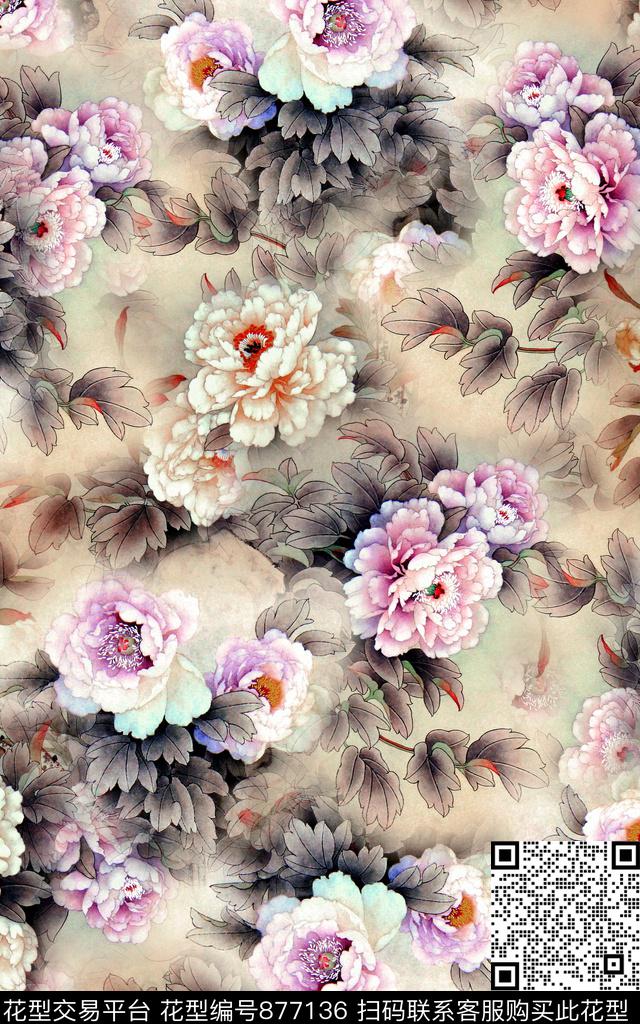 牡丹国画手绘数码印花华亿平台下载（图片编号: 877136） - 瓦栏（Walan）