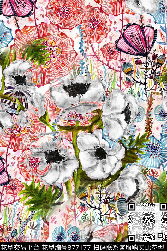 满版线描花卉数码印花华亿平台下载（图片编号: 877177） - 瓦栏（Walan）