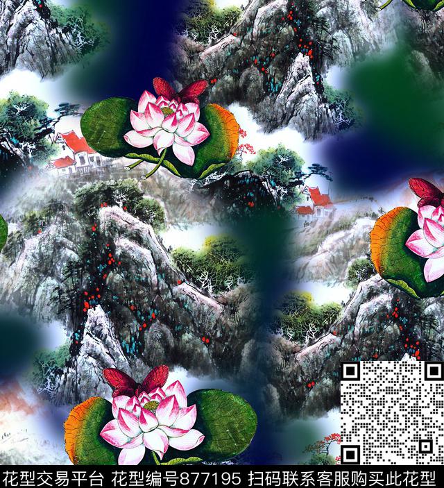 香云纱中国风山水画数码印花华亿平台下载（图片编号: 877195） - 瓦栏（Walan）