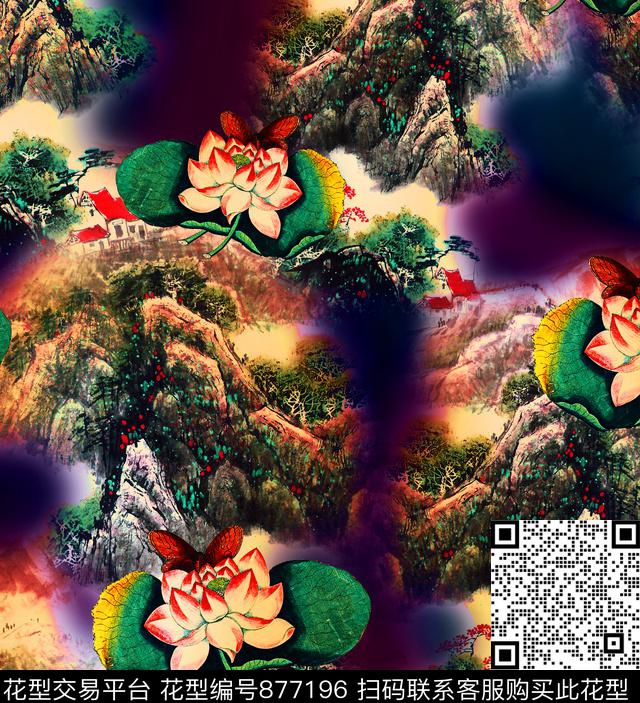 香云纱中国风山水画数码印花华亿平台下载（图片编号: 877196） - 瓦栏（Walan）