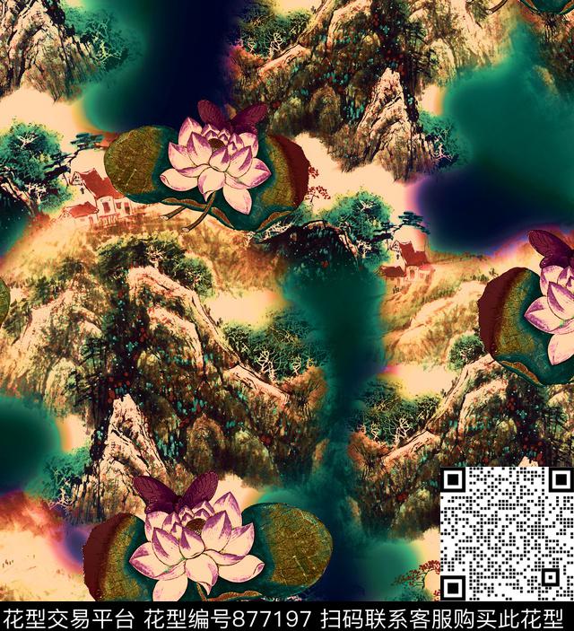 香云纱中国风山水画数码印花华亿平台下载（图片编号: 877197） - 瓦栏（Walan）