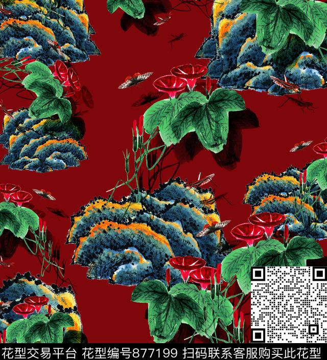 中国风写意山丘花卉数码印花华亿平台下载（图片编号: 877199） - 瓦栏（Walan）