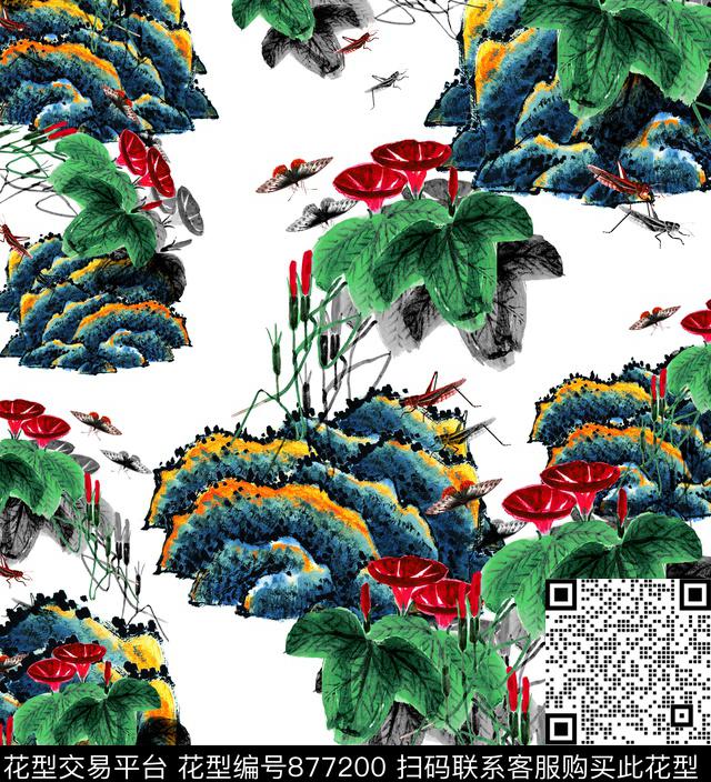 中国风写意山丘花卉数码印花华亿平台下载（图片编号: 877200） - 瓦栏（Walan）