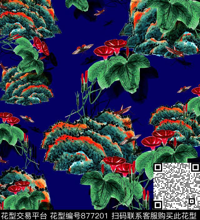 中国风写意山丘花卉数码印花华亿平台下载（图片编号: 877201） - 瓦栏（Walan）