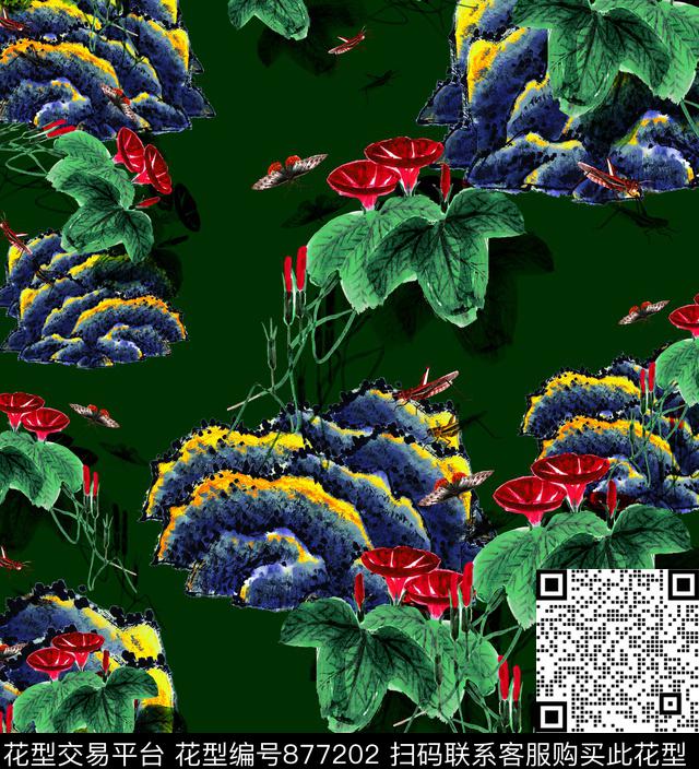 中国风写意山丘花卉数码印花华亿平台下载（图片编号: 877202） - 瓦栏（Walan）