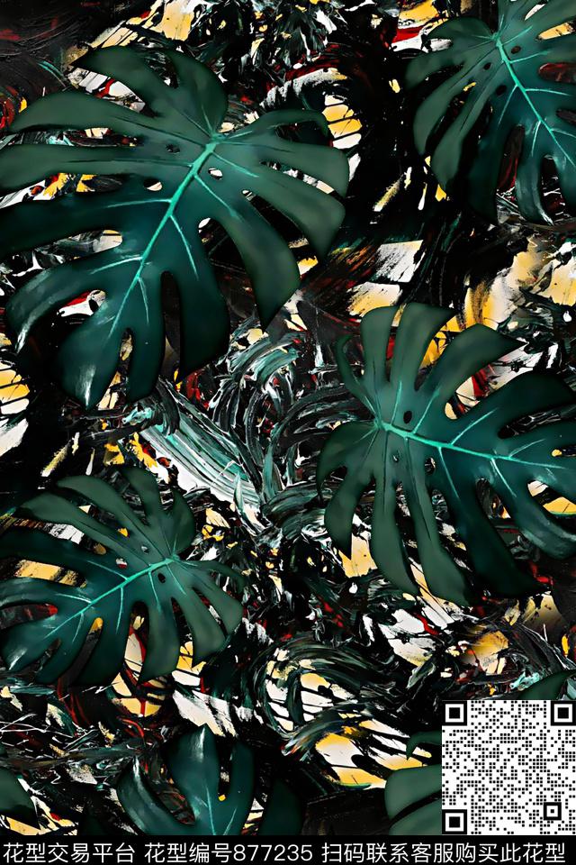 树叶热带植物抽象纹理数码印花华亿平台下载（图片编号: 877235） - 瓦栏（Walan）