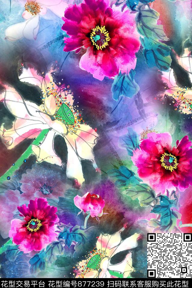 荷花牡丹花卉数码印花华亿平台下载（图片编号: 877239） - 瓦栏（Walan）