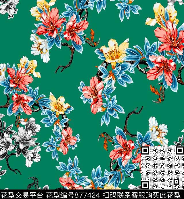 植物花朵树枝数码印花华亿平台下载（图片编号: 877424） - 瓦栏（Walan）
