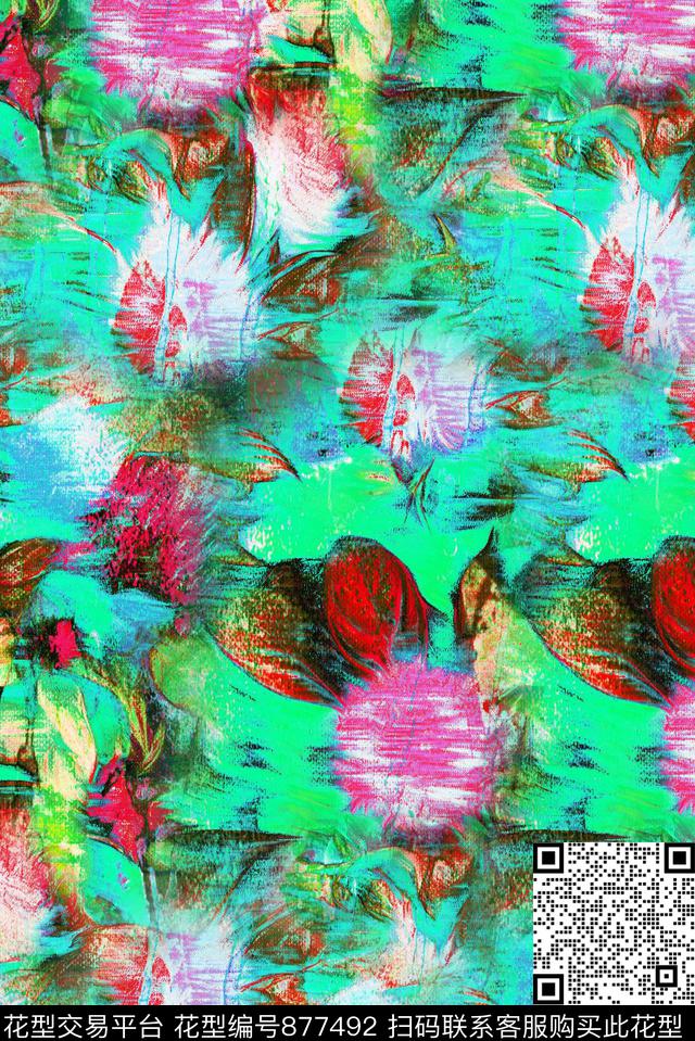 手绘肌理红绿数码印花华亿平台下载（图片编号: 877492） - 瓦栏（Walan）
