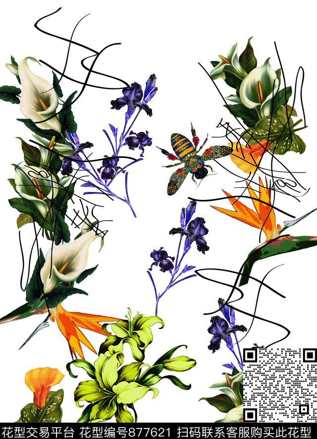淡雅手绘花卉热带植物花卉数码印花华亿平台下载（图片编号: 877621） - 瓦栏（Walan）
