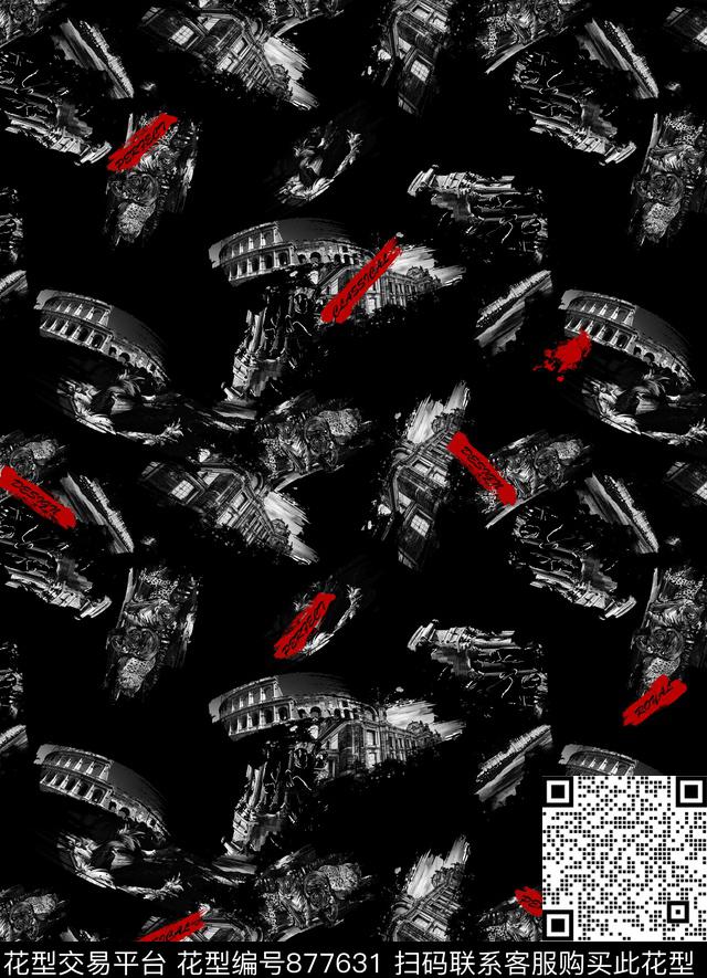 手绘城市建筑男装T恤笔刷数码印花华亿平台下载（图片编号: 877631） - 瓦栏（Walan）