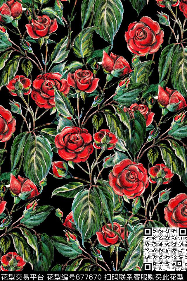 复古玫瑰花卉数码印花华亿平台下载（图片编号: 877670） - 瓦栏（Walan）