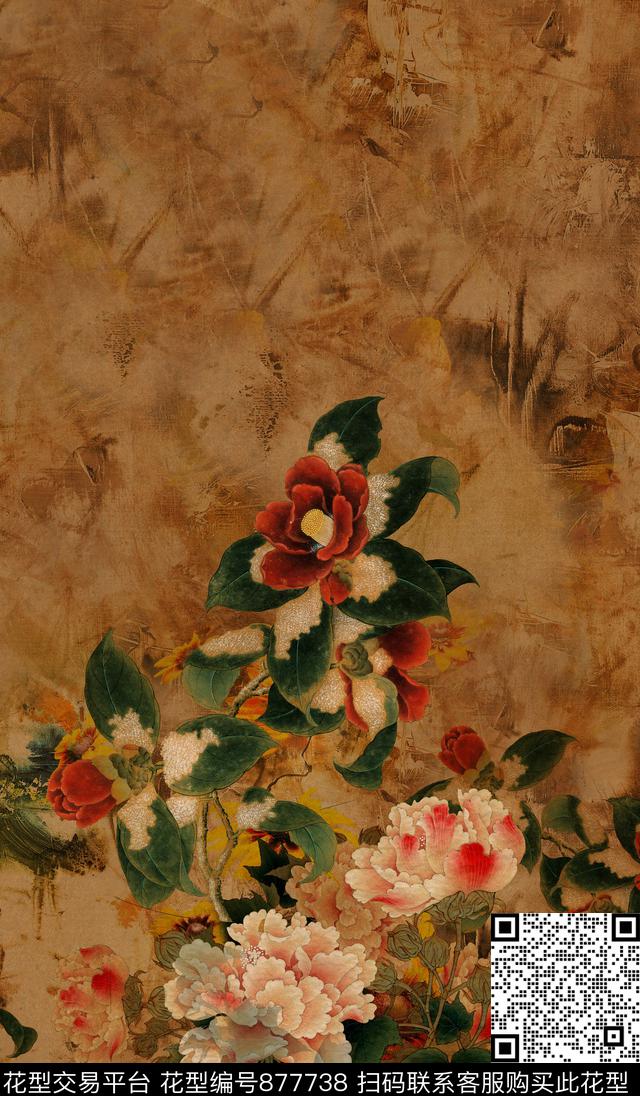 复古花卉香云纱数码印花华亿平台下载（图片编号: 877738） - 瓦栏（Walan）