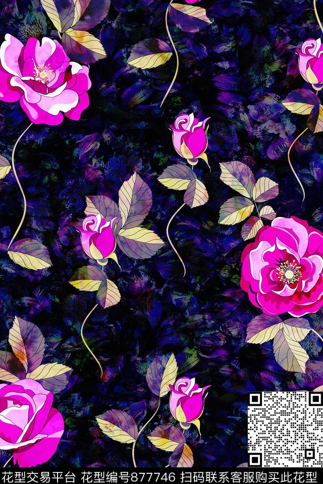花卉花朵玫瑰数码印花华亿平台下载（图片编号: 877746） - 瓦栏（Walan）