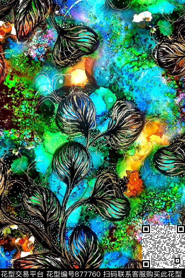 叶子抽象肌理数码印花华亿平台下载（图片编号: 877760） - 瓦栏（Walan）