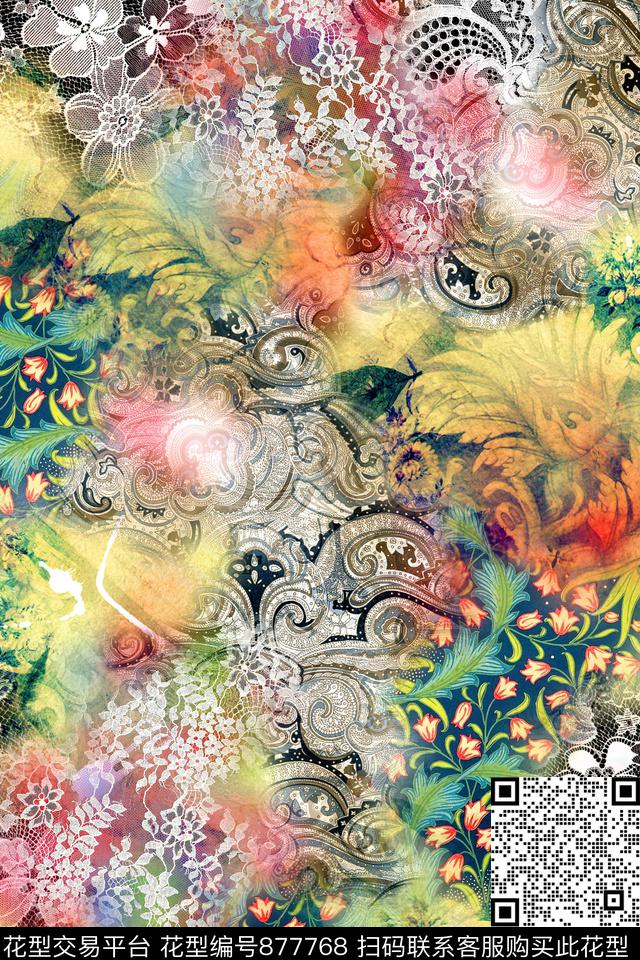 抽象肌理蕾丝数码印花华亿平台下载（图片编号: 877768） - 瓦栏（Walan）