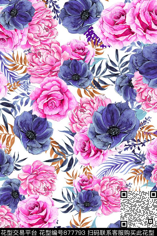玫瑰花卉花朵数码印花华亿平台下载（图片编号: 877793） - 瓦栏（Walan）