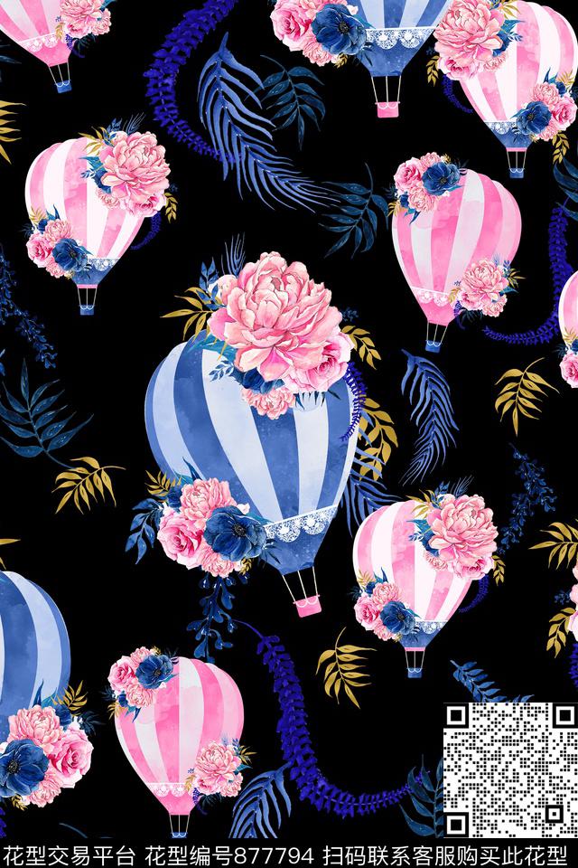趣味热气球花叶数码印花华亿平台下载（图片编号: 877794） - 瓦栏（Walan）