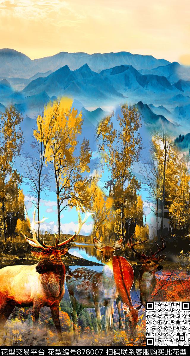 风景鹿山水数码印花华亿平台下载（图片编号: 878007） - 瓦栏（Walan）