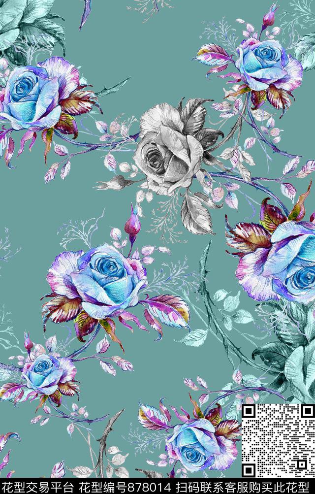 大花花朵牡丹数码印花华亿平台下载（图片编号: 878014） - 瓦栏（Walan）