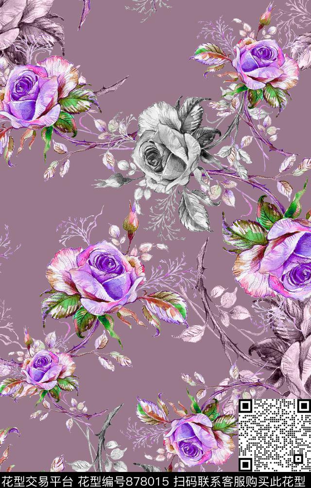 大花花朵牡丹数码印花华亿平台下载（图片编号: 878015） - 瓦栏（Walan）