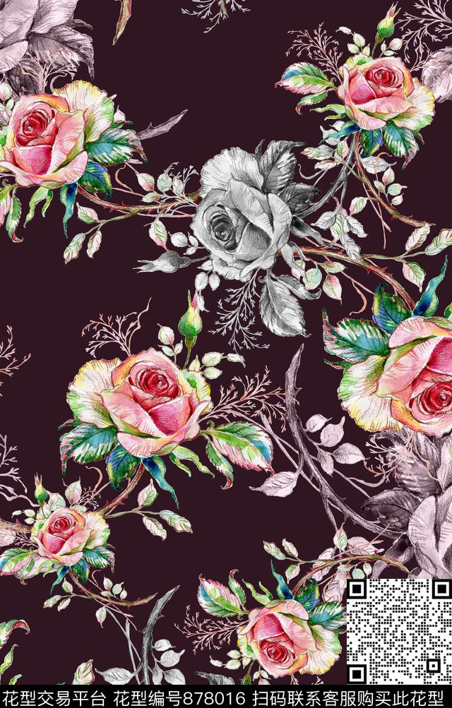 大花花朵牡丹数码印花华亿平台下载（图片编号: 878016） - 瓦栏（Walan）