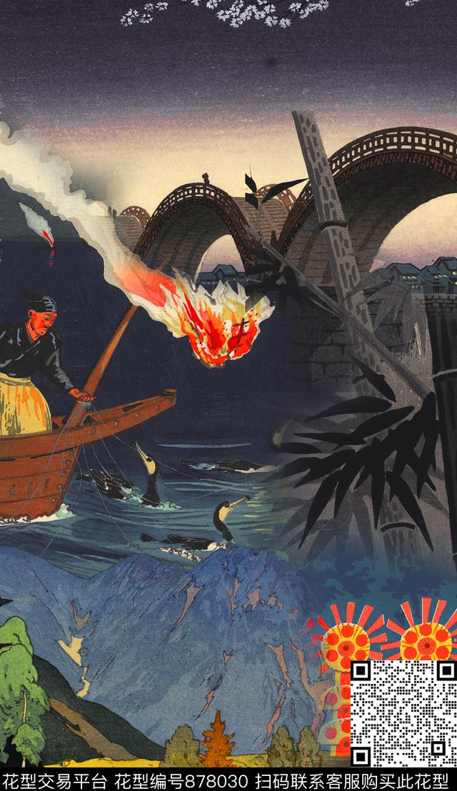 日本浮世绘河流数码印花华亿平台下载（图片编号: 878030） - 瓦栏（Walan）