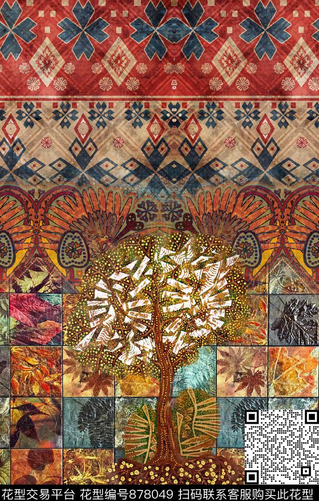 复古波西米亚花纹数码印花华亿平台下载（图片编号: 878049） - 瓦栏（Walan）