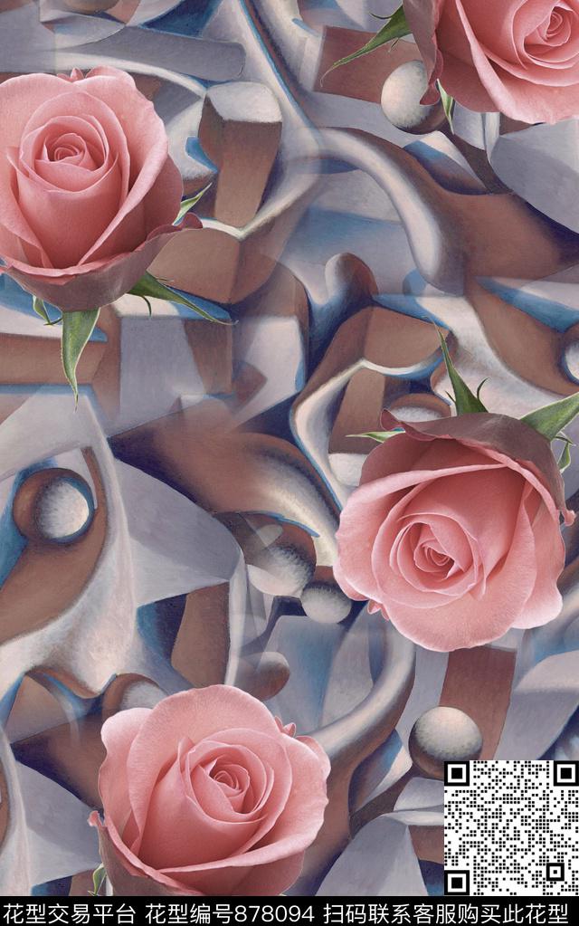 花卉几何抽象数码印花华亿平台下载（图片编号: 878094） - 瓦栏（Walan）