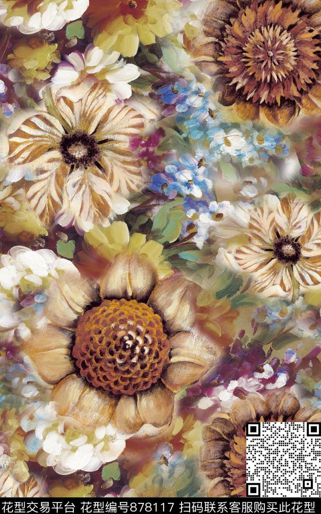 花卉油画抽象数码印花华亿平台下载（图片编号: 878117） - 瓦栏（Walan）