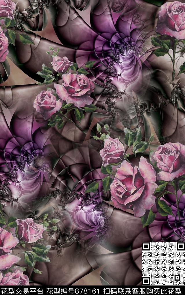 几何花卉油画数码印花华亿平台下载（图片编号: 878161） - 瓦栏（Walan）