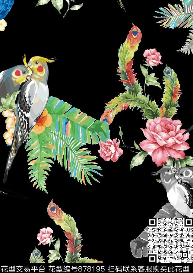 鹦鹉热带植物羽毛数码印花华亿平台下载（图片编号: 878195） - 瓦栏（Walan）