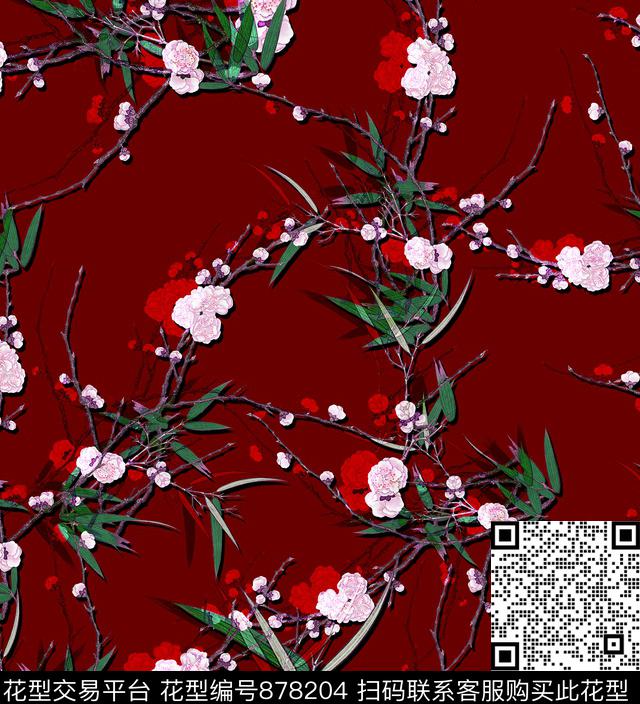 中国风花卉梅花数码印花华亿平台下载（图片编号: 878204） - 瓦栏（Walan）