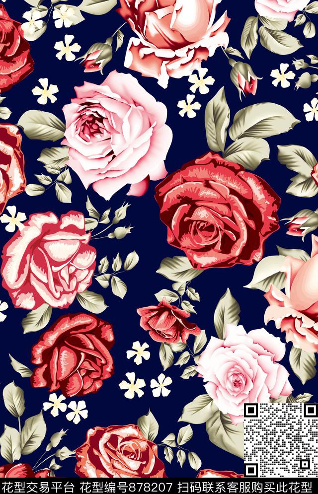 玫瑰大花花朵数码印花华亿平台下载（图片编号: 878207） - 瓦栏（Walan）