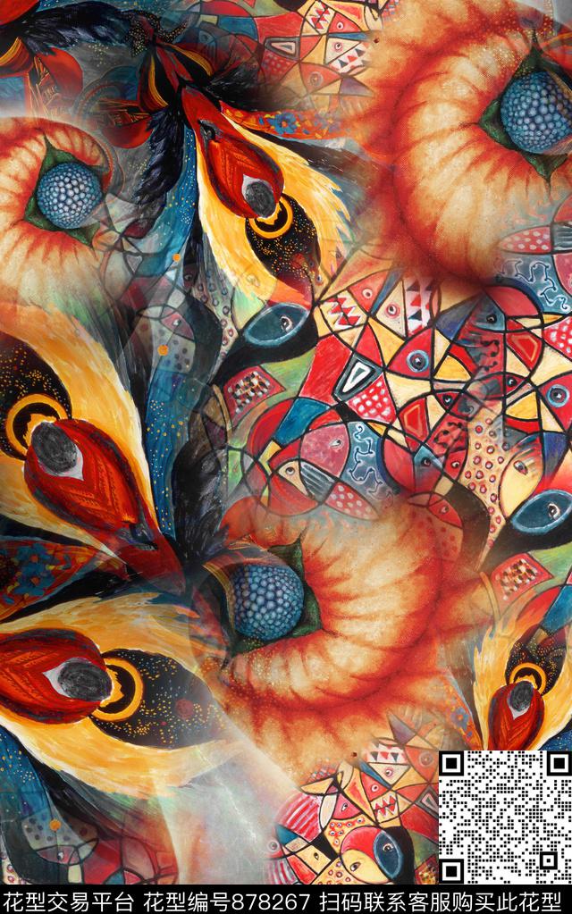 波西米亚油画民族风数码印花华亿平台下载（图片编号: 878267） - 瓦栏（Walan）