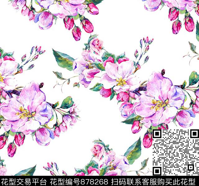 乱花大花带叶子花数码印花华亿平台下载（图片编号: 878268） - 瓦栏（Walan）