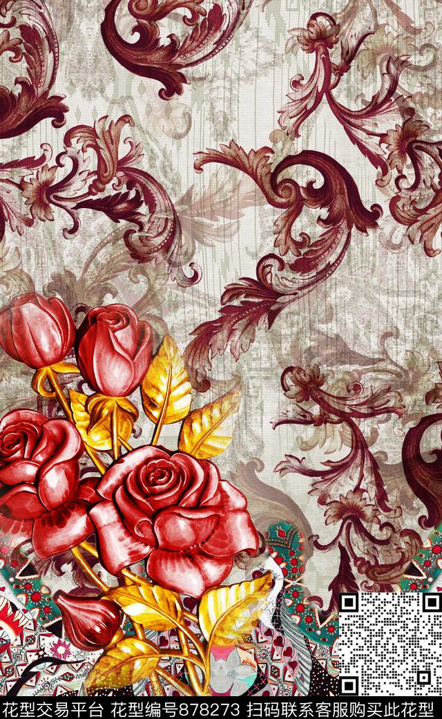 花卉油画民族风数码印花华亿平台下载（图片编号: 878273） - 瓦栏（Walan）