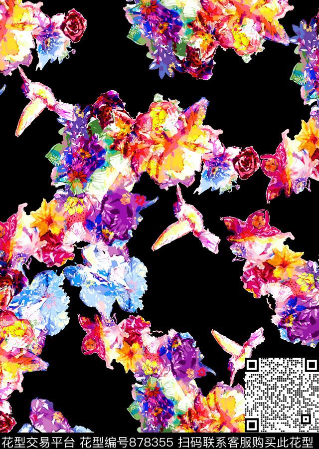 水印花纹鸟数码印花华亿平台下载（图片编号: 878355） - 瓦栏（Walan）