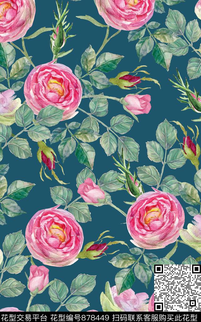 玫瑰月季大花数码印花华亿平台下载（图片编号: 878449） - 瓦栏（Walan）