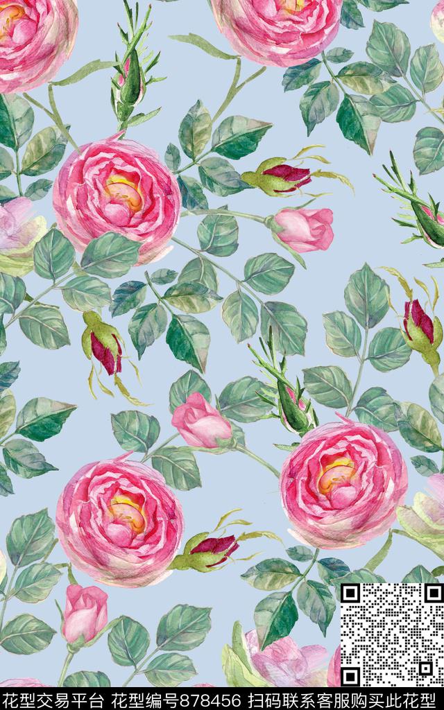 玫瑰月季大花数码印花华亿平台下载（图片编号: 878456） - 瓦栏（Walan）