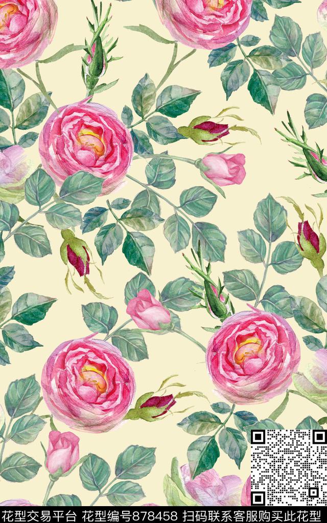 玫瑰月季大花数码印花华亿平台下载（图片编号: 878458） - 瓦栏（Walan）