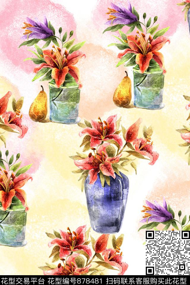 花卉花瓶水彩数码印花华亿平台下载（图片编号: 878481） - 瓦栏（Walan）