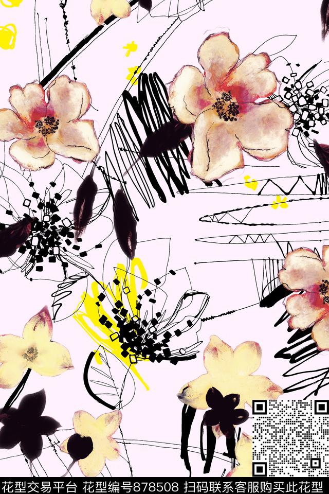 手绘抽象涂鸦数码印花华亿平台下载（图片编号: 878508） - 瓦栏（Walan）