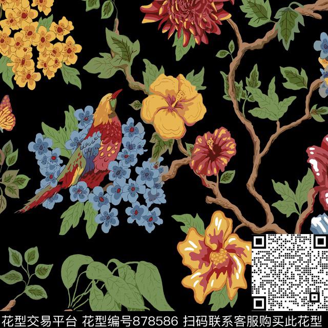 水彩大花手绘传统印花华亿平台下载（图片编号: 878586） - 瓦栏（Walan）