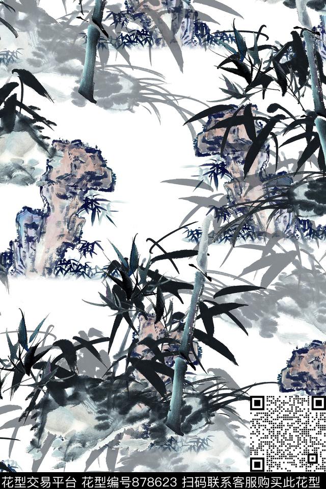 女装中国风竹叶数码印花华亿平台下载（图片编号: 878623） - 瓦栏（Walan）