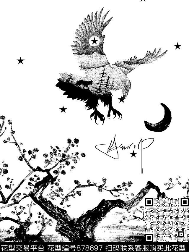 树老鹰鸟传统印花华亿平台下载（图片编号: 878697） - 瓦栏（Walan）