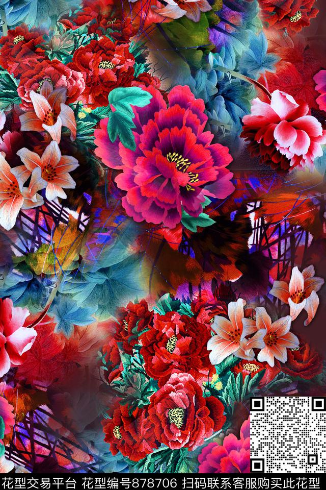 牡丹花卉大花数码印花华亿平台下载（图片编号: 878706） - 瓦栏（Walan）