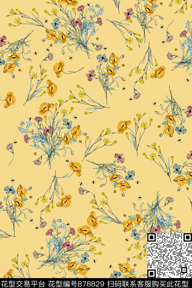 蜜蜂小碎花康乃馨数码印花华亿平台下载（图片编号: 878829） - 瓦栏（Walan）