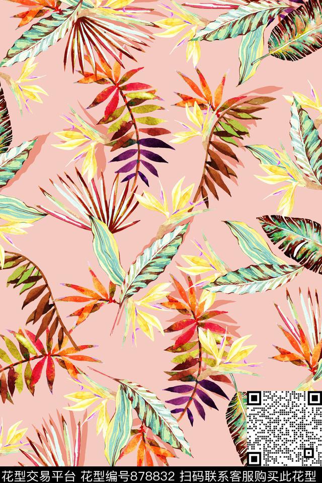 天堂鸟花棕榈叶热带数码印花华亿平台下载（图片编号: 878832） - 瓦栏（Walan）